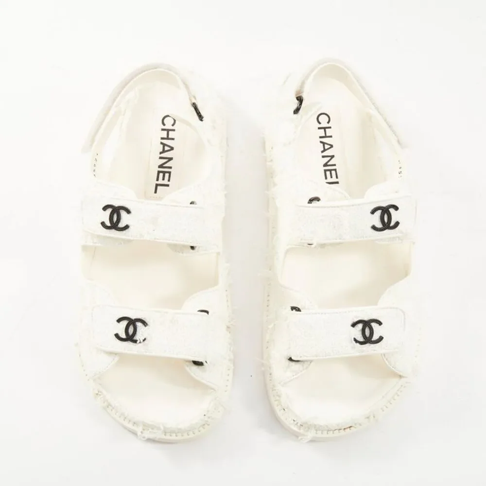 Chanel 2021 White Tweed Dad Sandals